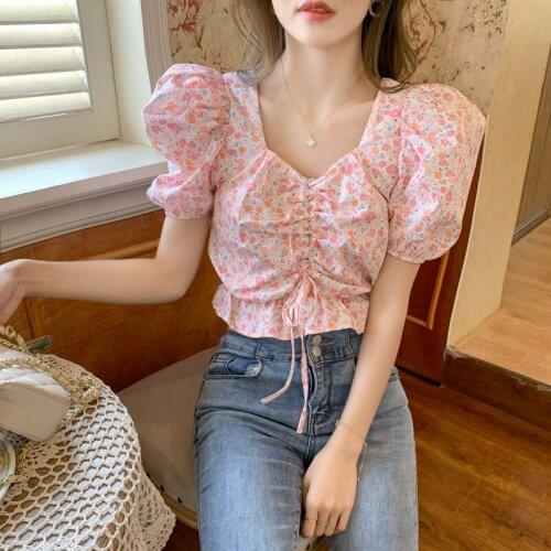 Temperament French Womens Shirt Square Collar Puff Sleeves Short Blouses Femme Lace-up Ruffled Sweet Floral Shirts Crop Top