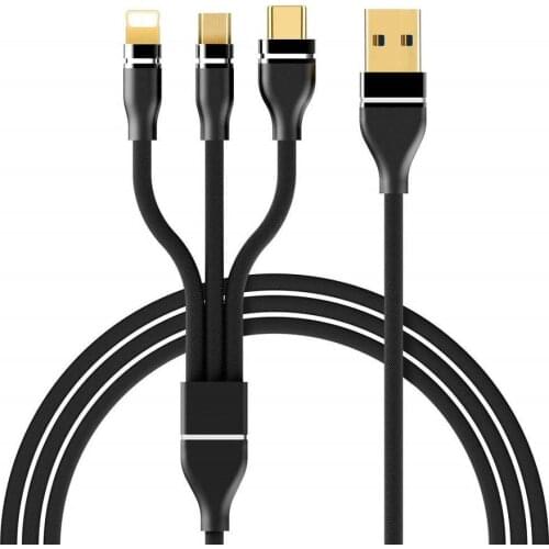 Multi Charger Cable Nylon 4FT Universal 3 in 1 Multiple Ports USB Charging Cord with Gold-Plated iOS/Type C/Micro USB Connectors