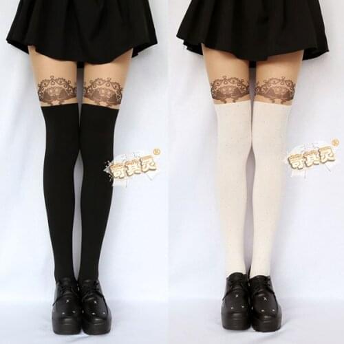 Japan HARAJUKU Tights Lolita Cute Pantyhose Striped Patchwork Fake Stockings Kawaii black print vintage tights