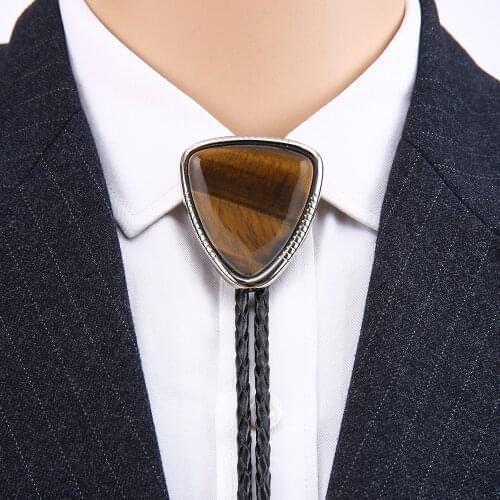 Western Cowboy bolo Tie Shaped Natural Stone Zinc Alloy Leather Collar Rope Birthday Banquet Wedding Gift