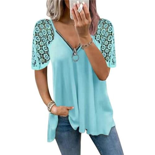 Women Chiffon T Shirt Summer v-neck Zipper Loose Casual Shirts Splicing short-sleeved Tee Shirt Top Ladies Irregular Tees