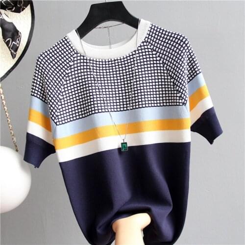 2020 Summer New Women Fashion Short Sleeve O-neck Plaid T Shirt Casual Thin Knitted Tops Tee Shirts