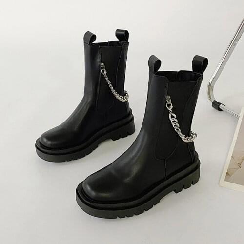 2021 Womens Autumn Boots Leather Platform Black Chelsea Boots Woman Chain Fashion Winter Casual Shoes Female Black Designer New