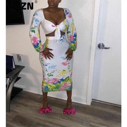 VAZN 2020 Top Quality Holiday Fresh Clear Print Sexy Young Sweet Full Sleeve Bandae Top Midi Skirts Slim Women 2 Piece Set