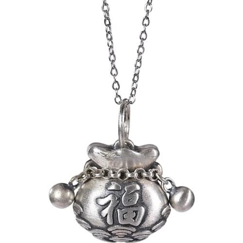 S999 pure silver retro personalized distressed matte fu character lucky bag purse womens sterling silver pendant