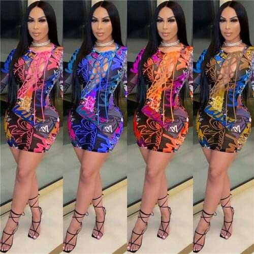 WJFZQM Sexy Geometric Print Bandage Dress 2021 Women Summer Long Sleeve Sexy Hollow Out Mesh Bodycon Mini Party Dress Clubwear