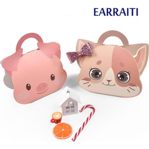 12PCS Paper Gift Box Packaging Cat Pig Animals Box Gift Cookies Candy Kids Birthday Party Favors Piggy Cardboard Box Handle Cake