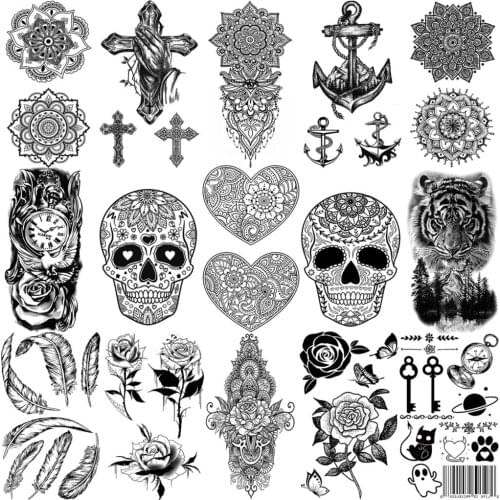 3D Henna Mandala Skull Temporary Tattoos For Women Girl Tiger Flower Cross Anchor Feather Fake Tattoo Neck Arm Hands Small Tatoo