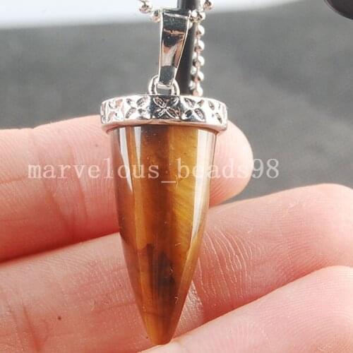 Free shipping Fashion Jewelry 14x30mm Tigers Eye Cone Art Bead Pendant Necklace With Chain MC3548
