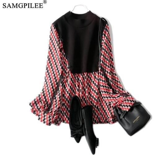 Space Cotton Patchwork Chiffon Tops Plus Size Korean Fashion Clothing Loose Round Neck Long Sleeve Blouses For Women Spring 2021