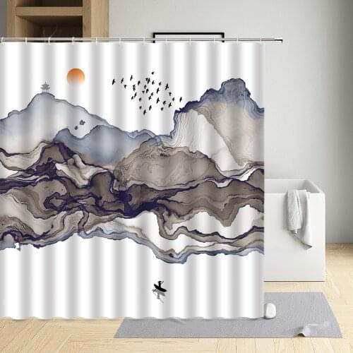 Ink Painting Shower Curtain Mountain River Ferry Boatman Bamboo Pole Bird Sun Tree Branch Deer Cloth Bathroom Decor Bath Screen