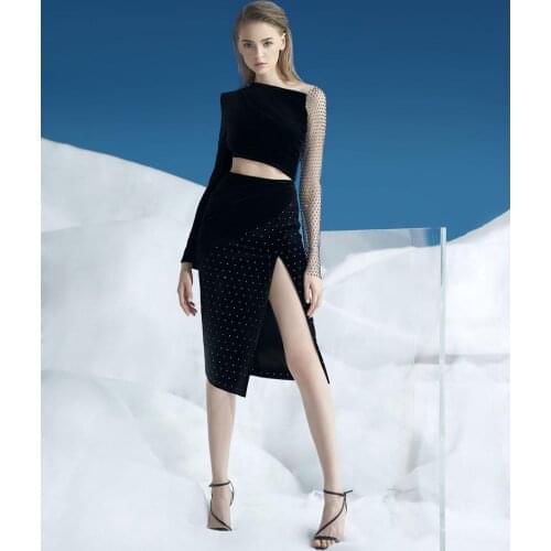 Black Velvet Sexy Two Piece Set Long Sleeve Crop Top Mini Skirt Matching Sets Party Outfits