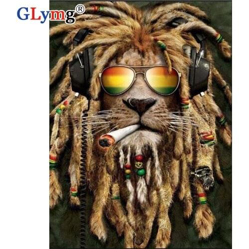 GLymg Diy Diamond Painting Full Drill Square Cross Stitch Lion Sunglasses Animal Picture Diamond Embroidery Mosaic Decoration
