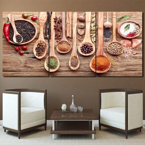 HD printed 3 Piece Spoon Spices food Canvas Paintings for kitchen dining room restaurant Wall decor Canvas Framed 3 Panel