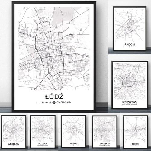 Custom Map Poster Poland City Map Black and White Print Painting Lodz Radom Warsaw Wroclaw Map for Living Room Home Decor