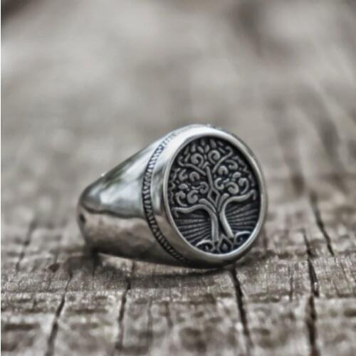 Korean Retro Tree of Life Signet Ring Classic Men Viking Amulet Silver Plated Rings Nordic Trend Men Motorcycle Party Jewelry