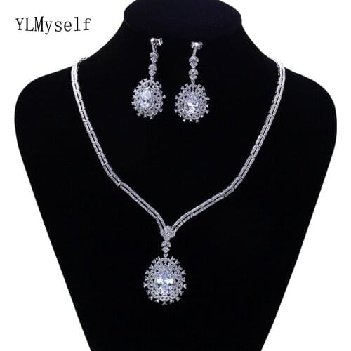 Trendy Necklace Earrings 2pcs jewelry set for party Big water drop CZ crystal fast shipping beautiful excellent jewelry sets