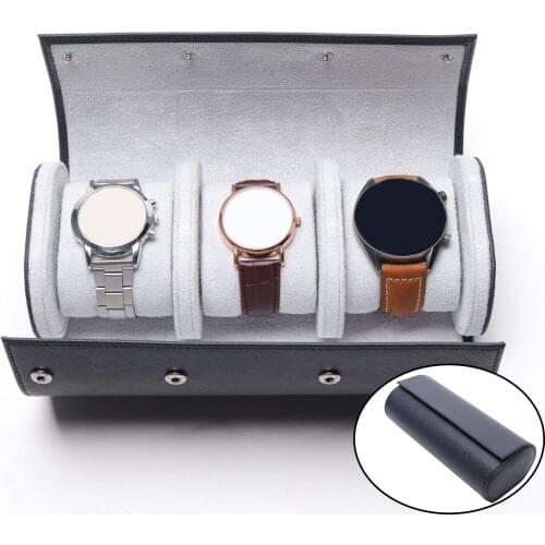 3 Slot Retro Leather Watch Roll Travel Case Elastic Cylinder Display Accessories Gifts for Business Weekend Trip Mothers Day
