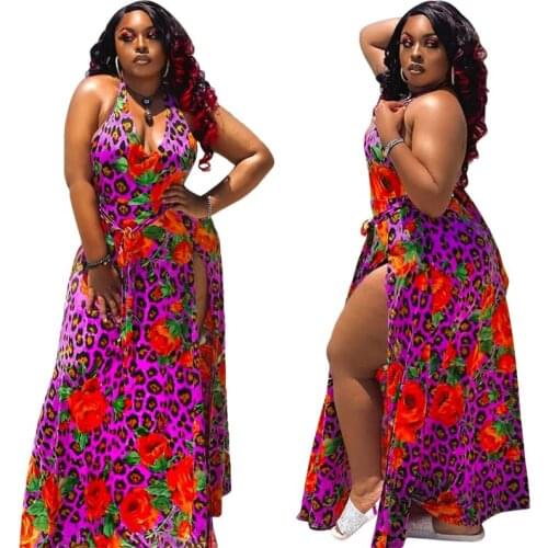 Summer Womens Dress 2021 Leopard Clothes Wholesale Split Sexy Halter Backless Dresses Plus Size Long Dress Dropshipping