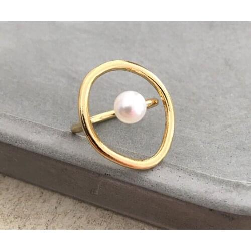 Fashion Gold Color With Pearl Ring Open Adjustable Geometry Oval Rings For Woman Jewelry Accessory