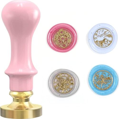 Wax Seal Stamp Set,Elegant Macarons Wax Stamps Maker Kit 4 pieces Romantic Sealing Wax Stamps Copper Seals with A Wooden Handle