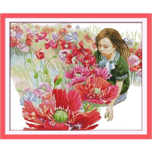 Cross Stitch Kits Needlework Embroidery set Counted Cross Stitch 14CT Printed Pattern Canvas Girl with Flower Wall Decoration
