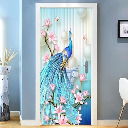 Door Sticker PVC Self-adhesive Mural Peacock Flowers 3D Poster Photo Wallpaper For Bedroom Living Room Decoration Sticker Decal