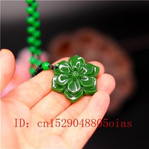 Natural Green Chinese Jade Flower Pendant Beads Necklace Fashion Charm Jadeite Jewelry Carved Amulet Gifts for Women Men