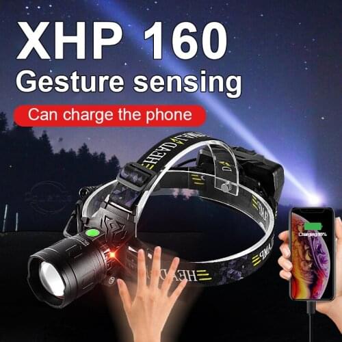 Newest XHP160 Free Shipping Sensor High Power LED Headlamp USB Recharge 18650 Battery Head Torch Fishing Hunting Head Flashlight