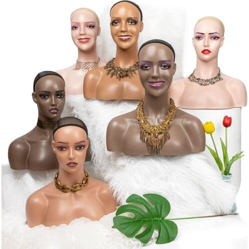 Plussign New Smiling Face Mannequin Head With Shoulders Dard Brown/ Light Brown Mannequin Pvc Manikin Head Wig Display Head