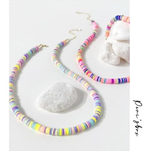 PerisBox Handmade Rainbow Polymer Clay Bead Choker Necklace For Women Colorful Soft Pottery Vinyl Disc Beaded Necklaces