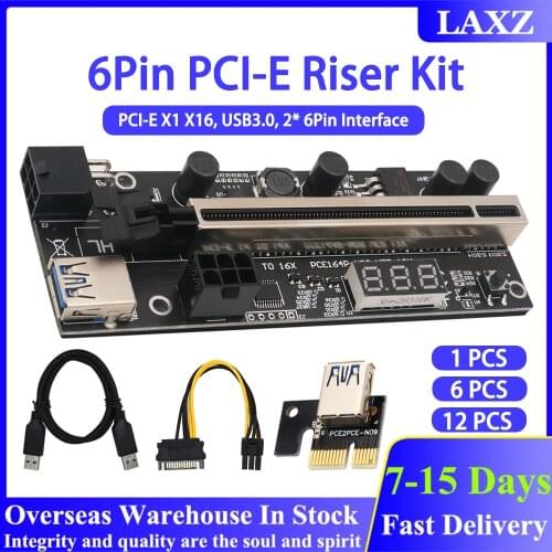 PCIE Riser 1x to 16x Express Extension 6Pin Powered Riser Adapter Card with temperature sensor for Bitcoin GPU Mining Video Card