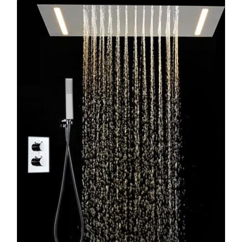 Rectangular LED Rainfall Shower Set Ceiling Conceal Thermostatic Mixer Shower Head System With Hand Shower Faucet Bathroom Spray