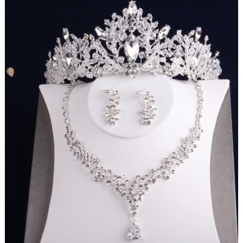 Luxury Crystal Beads Heart Bridal Jewelry Sets Rhinestone Tiaras CZ Crowns Necklace Earrings Wedding African Beads Jewelry Set