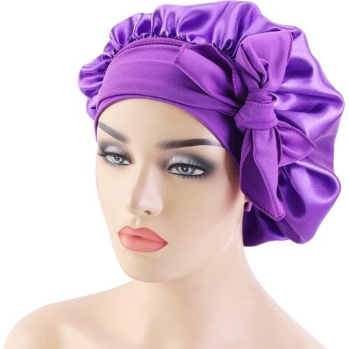 Helisopus Solid Silk Satin Bonnet Hat with Wide Stretch Ties Long Hair Care Women Night Sleep Cap Adjust Hair Care Head Wrap