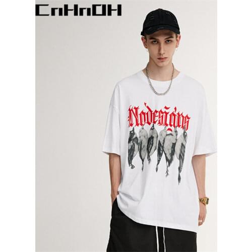 CnHnOH Spring And Summer New Street Fashion Brand Chic Birds With English Casual Loose Short-Sleeved T-Shirt Men C021