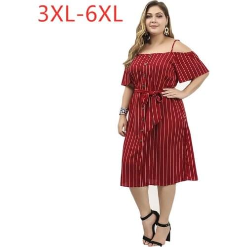 Female new summer plus size long slip dress for women large strapless loose casual stripe dresses belt black red 4XL 5XL 6XL 7XL