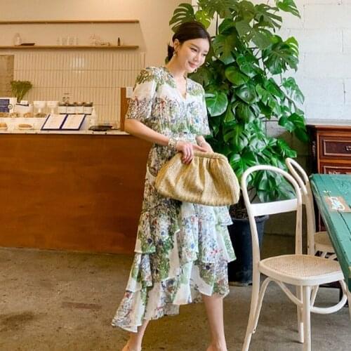 New Elegant Korean Green Cake Floral Office Lady Dress Summer V-neck Work Vestidos Female OL High Eaist Slim Women Dresses