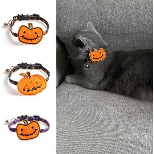1pc Halloween Series Cat Collars Nylon Adjustable Collar Pumpkin Accessories Disassembly Cat Collars With Bells 28*1cm