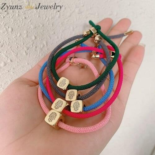 10PCS, Micro CZ Paved Hamsa Hand Engraved Dice Beads Cord Thread String Rope Bracelets Gold color Women Jewelry
