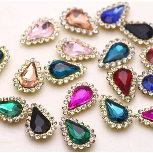 20pcs waterdrop Mix color Sew On Rhinestone Crystal Flatback Rhinestone Gold Base with Setting Claw DIY Garments Clothing Dress