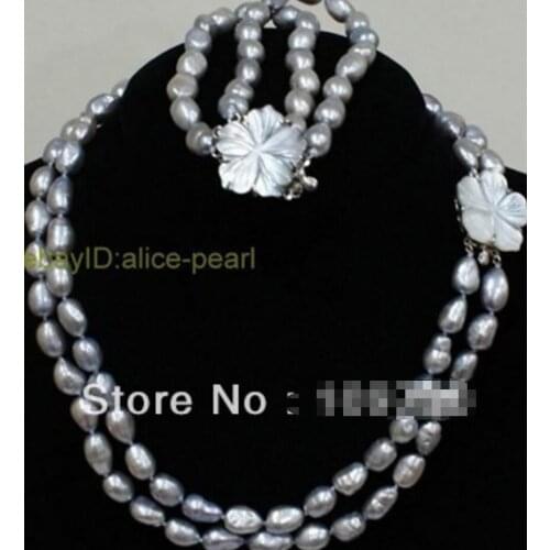 Free Shipping Fashion Set 2 Strands Grey Freshwater Pearl Necklace Bracelet