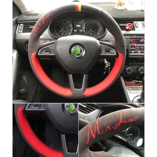 Embroidery Steering Wheel Cover for Skoda Superb Fabia Kodiaq Rapid Karoq Suede Leather Hand Sewing Wrap DIY Stitchwork Holder