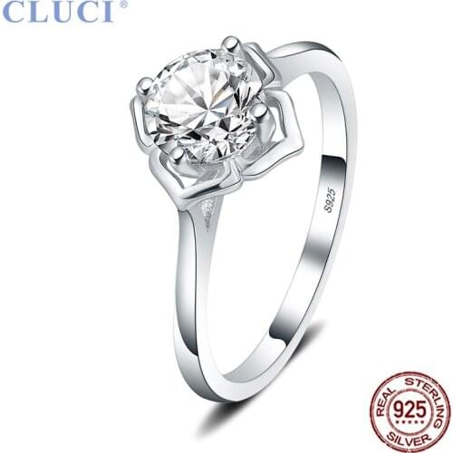 CLUCI 100% Genuine 925 Sterling Silver Shining AAA White Zircon Flower Women Finger Rings Fine Jewelry Rings Gifts DR1069SB