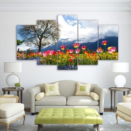 Home Decor Living Room Wall Pictures 5 Pcs Tree Flowers Nature Scenery Art Painting Modular HD Print Canvas Poster (No Fra