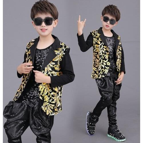Children Stage Costume Sequins Suit Hip Hop Clothing Boys Jazz Performance Guita Drum Street Dance Wear Rave Outfits DNV15222