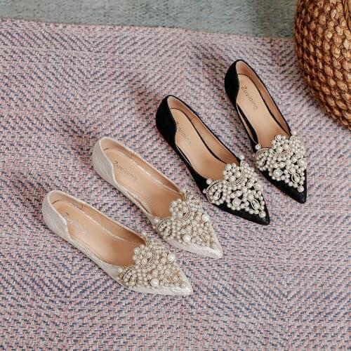 Designer Beads wedding shoes women 2021 lace embroider flats woman ballerina pointed toe pearl loafers sneakers plus size 35-43