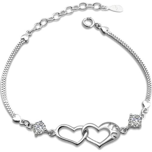 Double Heart Zircon Charms Bracelet Silver plated color Bracelets For Women Bracelets & Bangles Womens Jewelry Bileklik GIFT