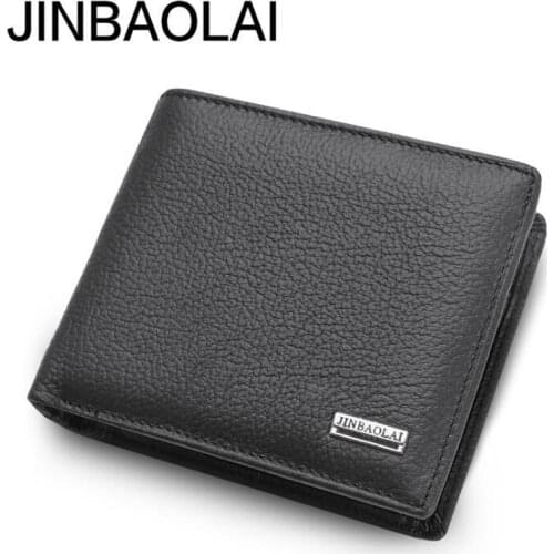Jinbaolai Mens Genuine leather wallet with coin pocket short designer purse for man card holder interior zipper pocket
