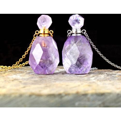 Natural Gems stone Essential Oil Diffuser Perfume Bottle Amethysts Pendant Necklace February Birthstone Jewelry